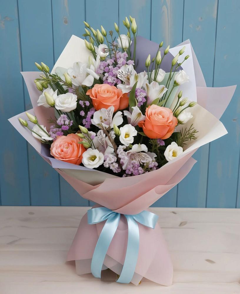 Букет цветов из: Лизиантусы, Розы, Альстромерии и Гипсофила в Пирогово