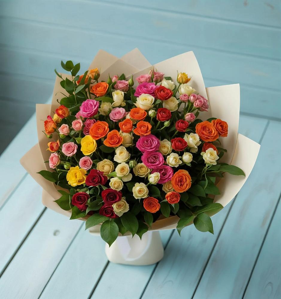 Букет Микс из разноцветных кустовых роз в Пирогово